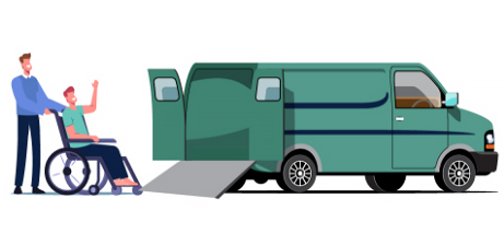 Rollstuhlnutzer steht vor barrierefreiem Transporter und winkt, Zeichnung