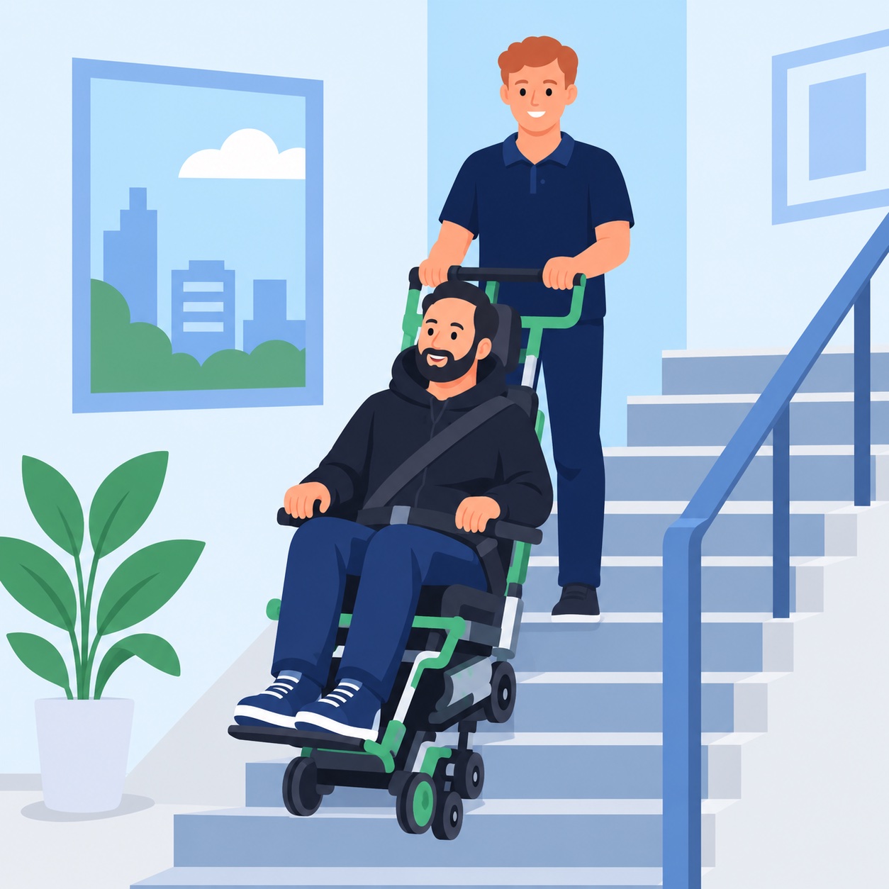 Illustration of a passenger in a stair chair with an assistant on stairs